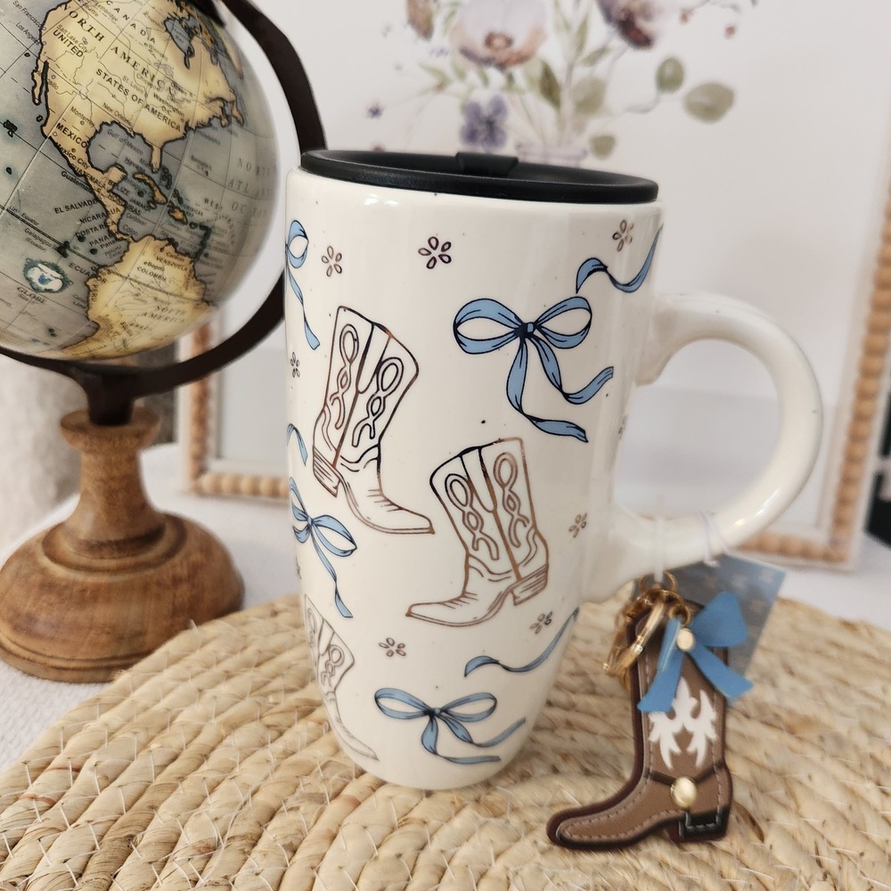 Petal & Pearl Cowboy Boot Blue Bow Ceramic Travel Mug with Keychain New